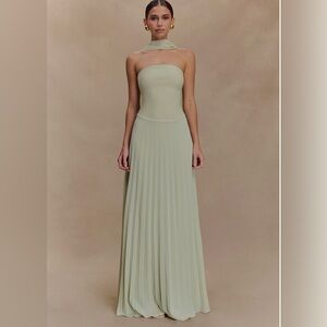 Meshki Sage Green Pleated Maxi Dress with Neck Scarf